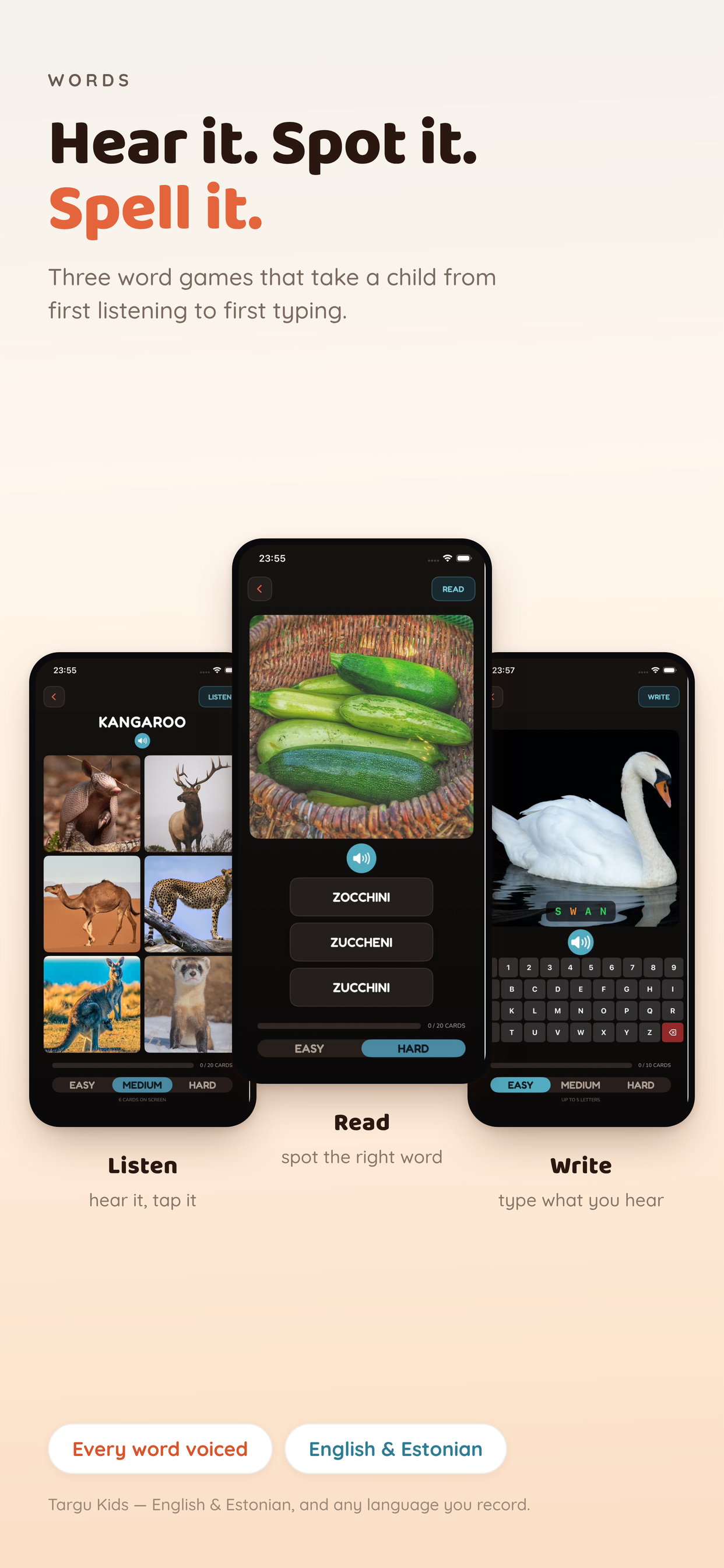 The three word games — Listen, Read and Write — shown on iPhone